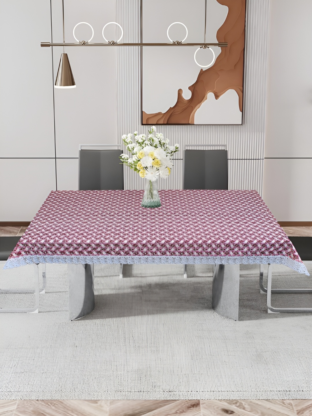

DREAM CARE Pink & Off White Geometric Printed Waterproof 4 Seater Rectangular Table Cover