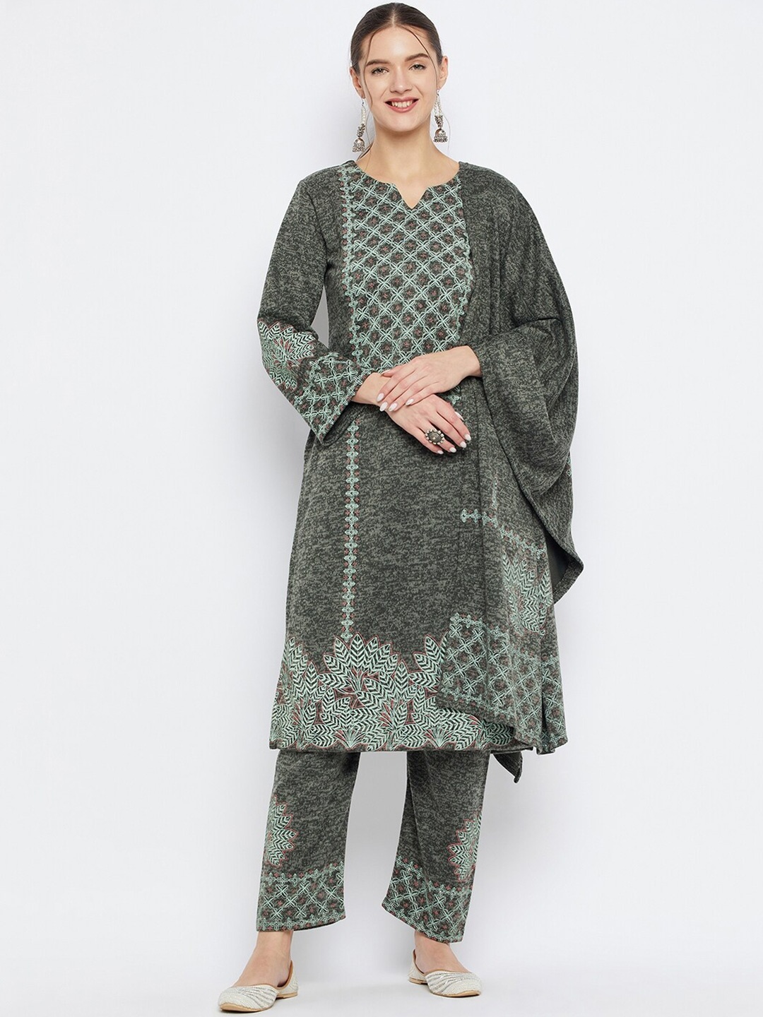 

Zigo Winter Wear Floral Printed Kurta with Palazzos & With Dupatta, Olive