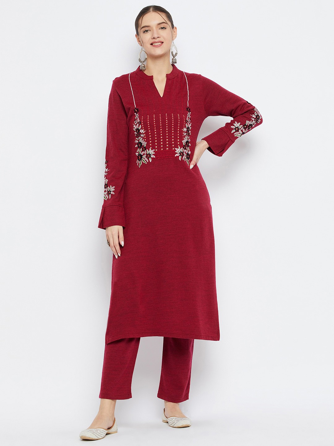 

Zigo Winter Wear Floral Embroidered Notched Round Neck Long Sleeves Thread Work Knitted Straight Kurta, Red