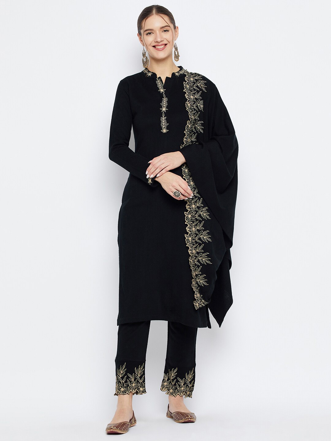 

Zigo Winter Wear Floral Mandarin Collar Long Sleeves Thread Work Kurta with Palazzos & With Dupatta, Black