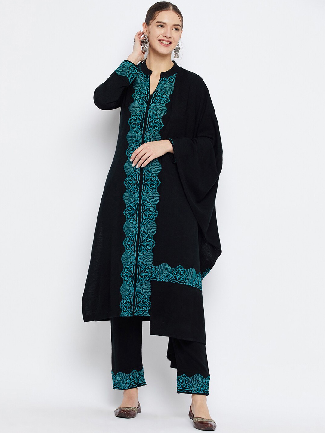 

Zigo Winter Wear Ethnic Motifs Yoke Design Round Neck Long Sleeves Kurta with Palazzos & With Dupatta, Black