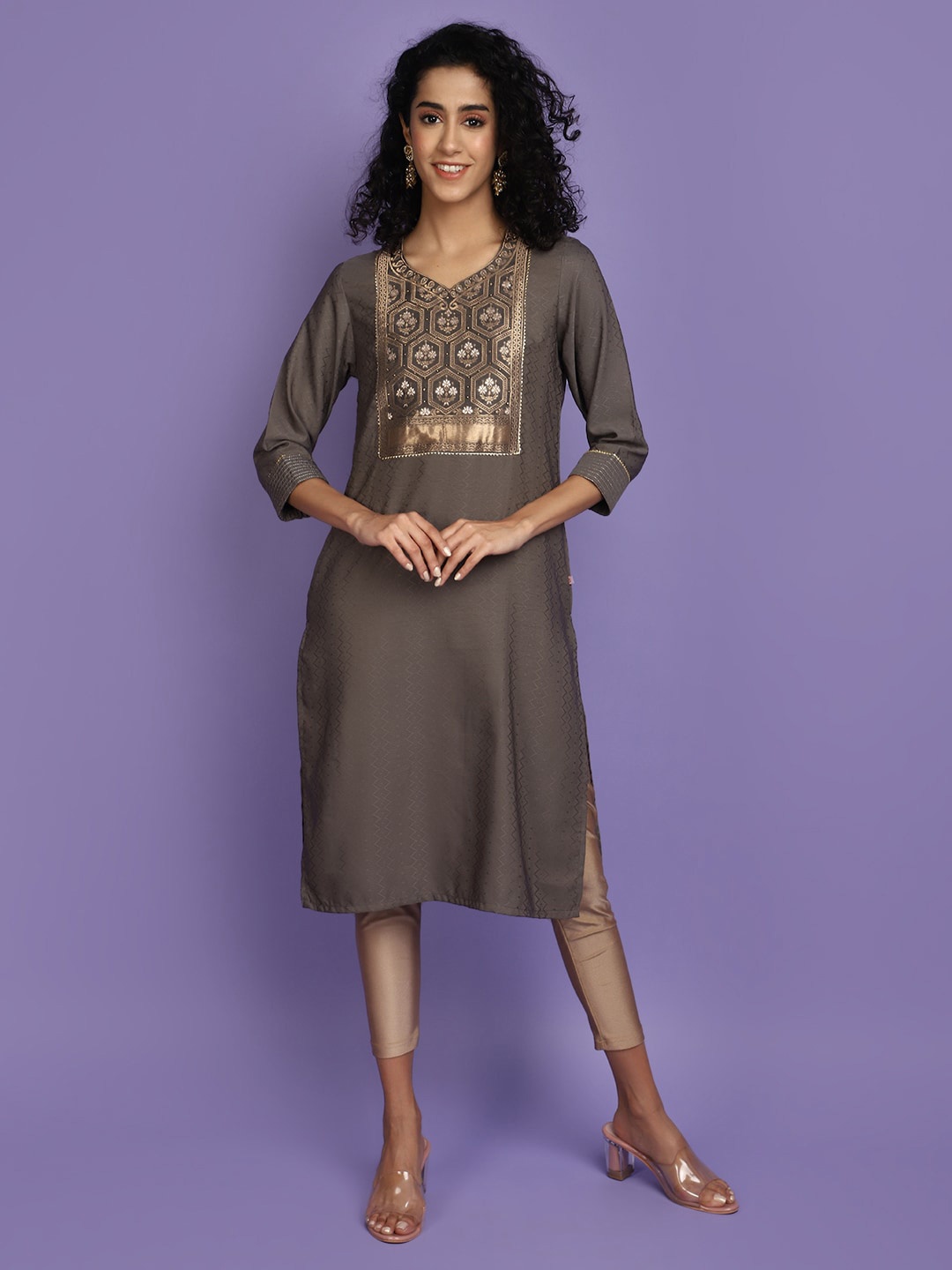 

V-Mart Grey Cotton Anarkali Angrakha Curved Kurta