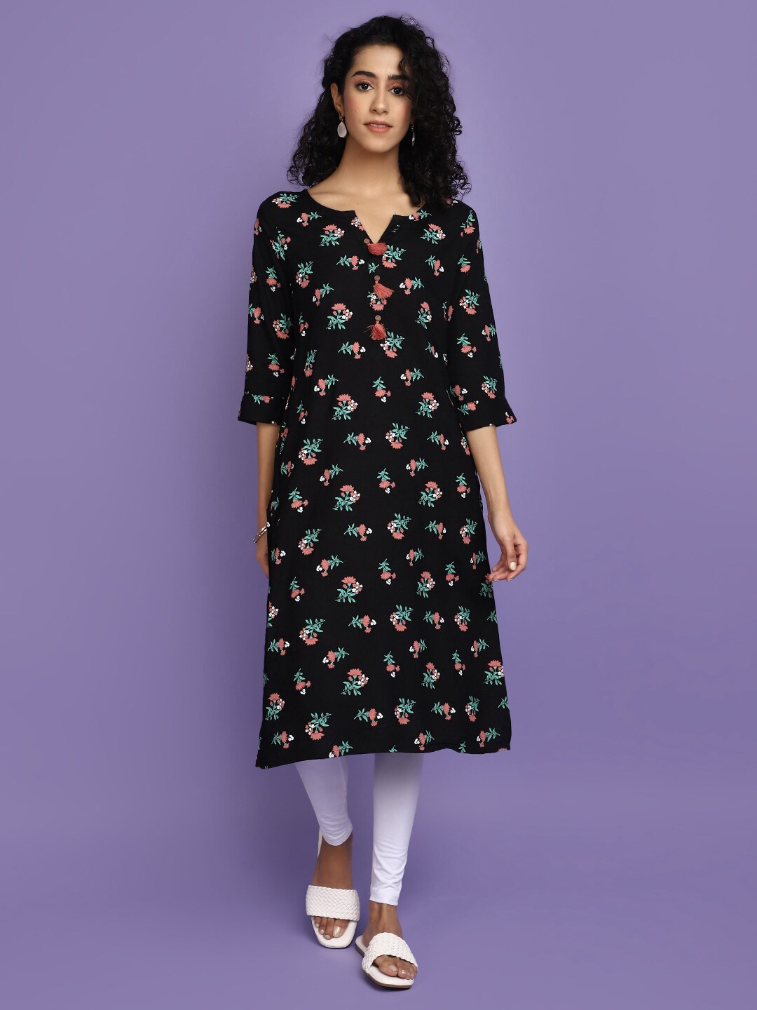 

V-Mart Black Floral Printed Rayon Curved Kurta