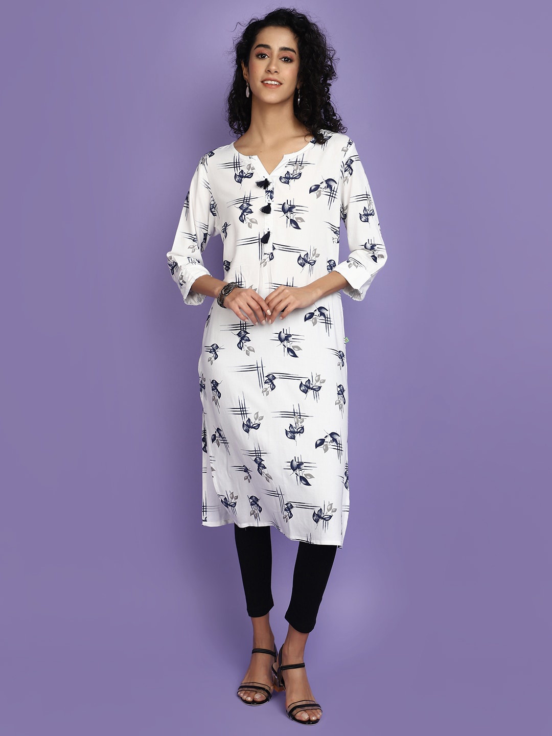 

V-Mart White & Blue Abstract Printed Rayon Curved Kurta