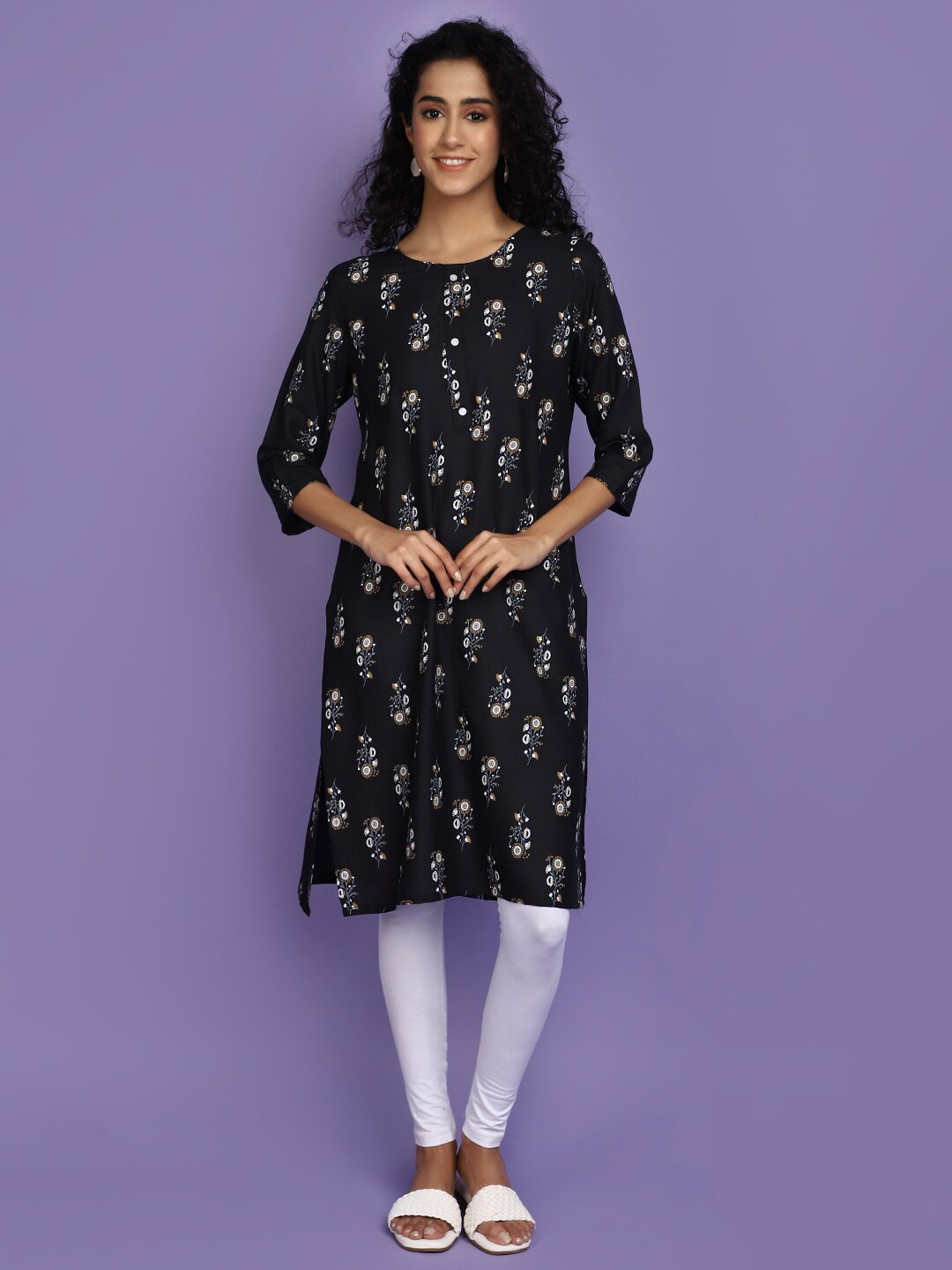 

V-Mart Black Floral Printed Rayon Straight Kurta