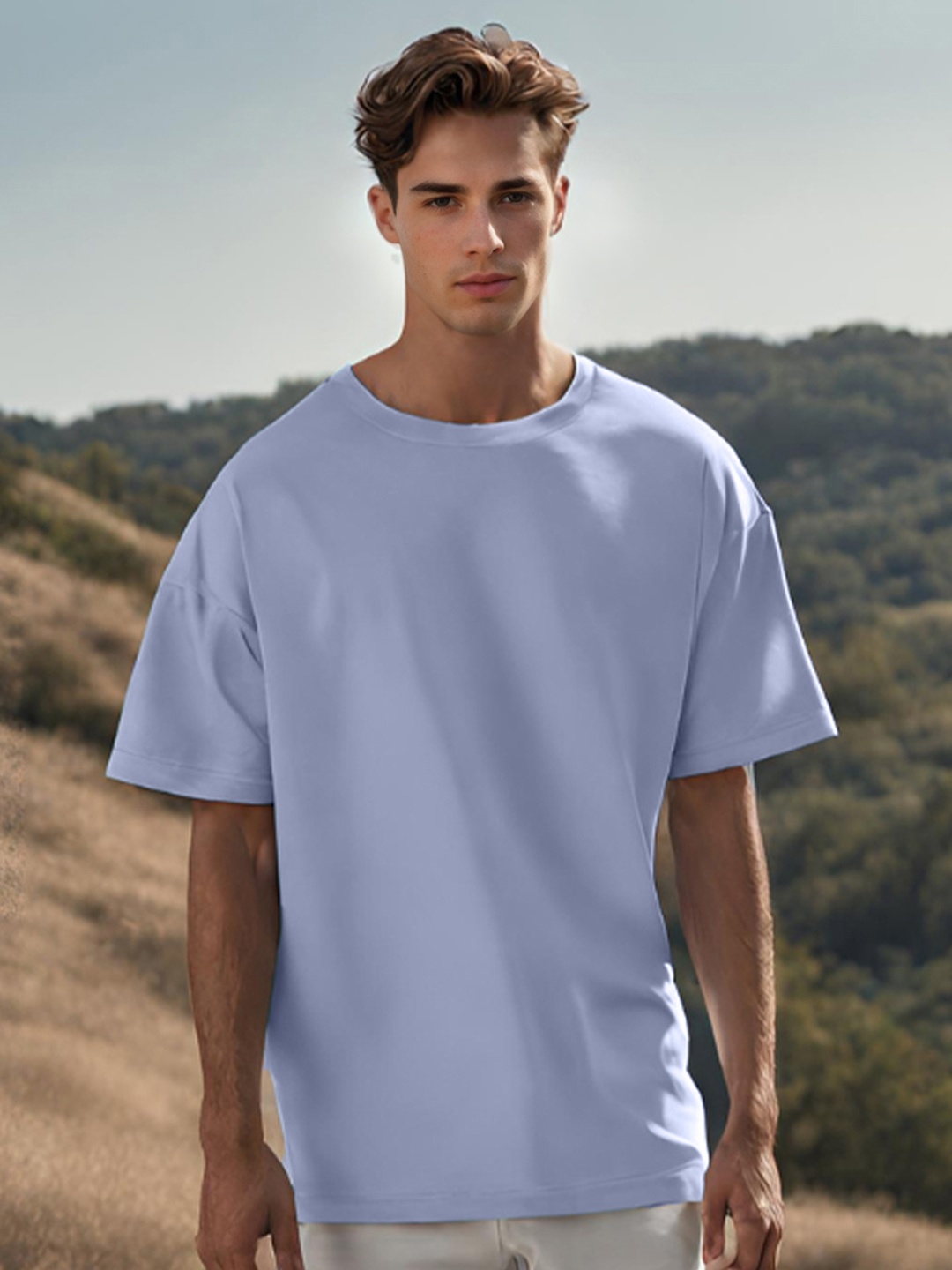 

NOBERO Round Neck Short Sleeves Oversized Cotton T-shirt, Blue