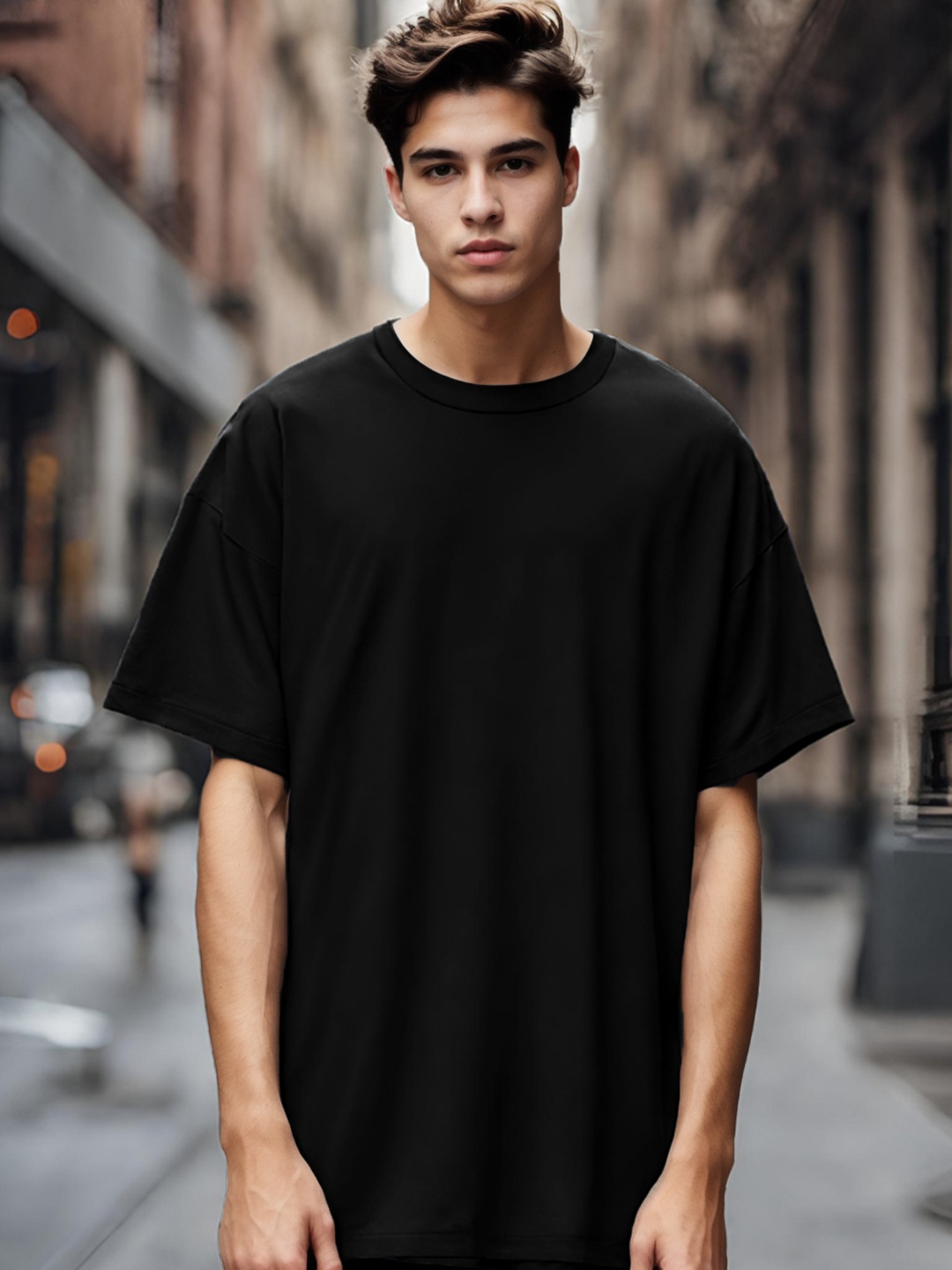 NOBERO Round Neck Short Sleeves Oversized Cotton T-shirt, Black