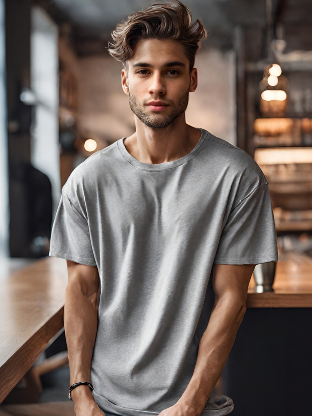

NOBERO Round Neck Short Sleeves Oversized Cotton T-shirt, Grey melange