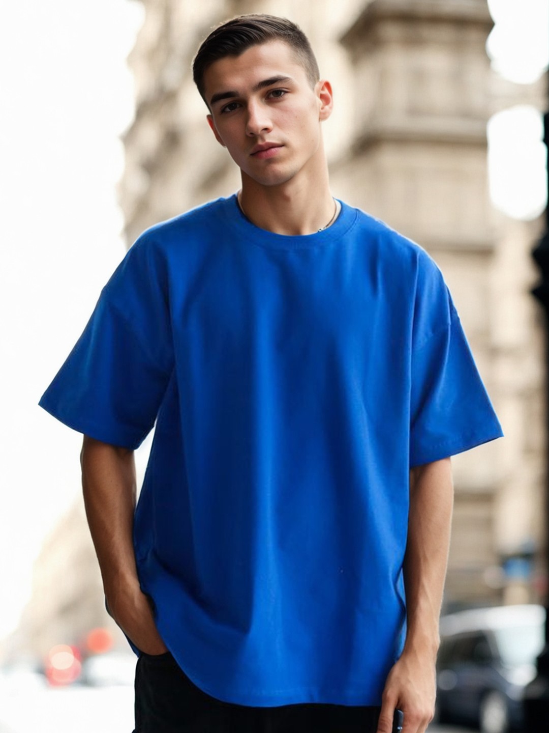 

NOBERO Round Neck Short Sleeves Oversized Cotton T-shirt, Blue