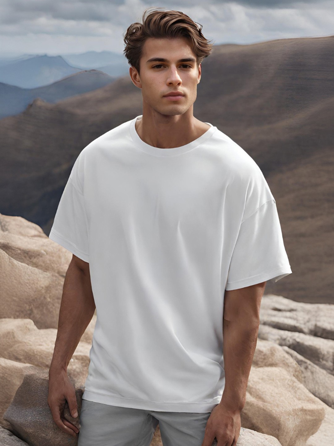 

NOBERO Round Neck Short Sleeves Oversized Cotton T-shirt, White