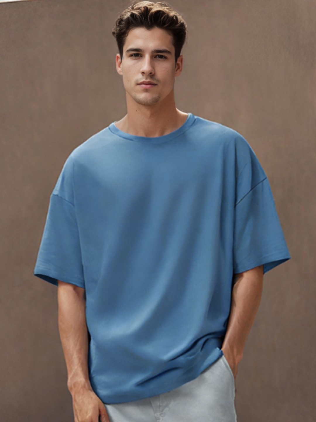 

NOBERO Round Neck Short Sleeves Oversized Cotton T-shirt, Navy blue