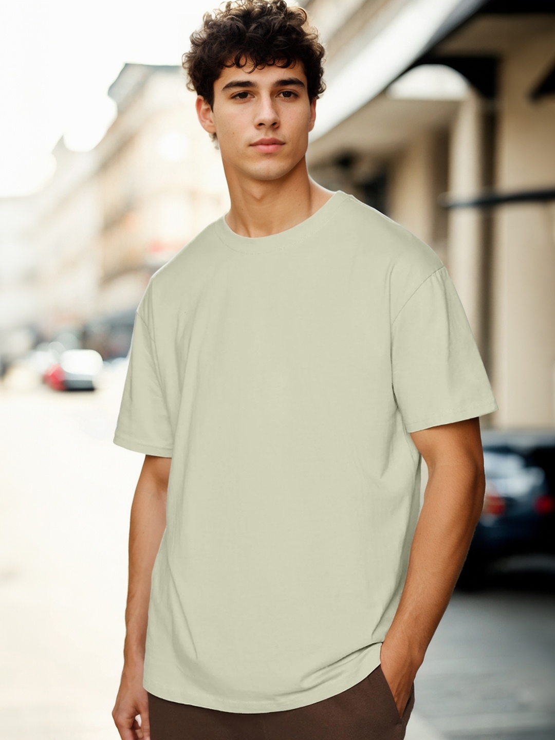 

NOBERO Round Neck Short Sleeves Oversized Cotton T-shirt, Green
