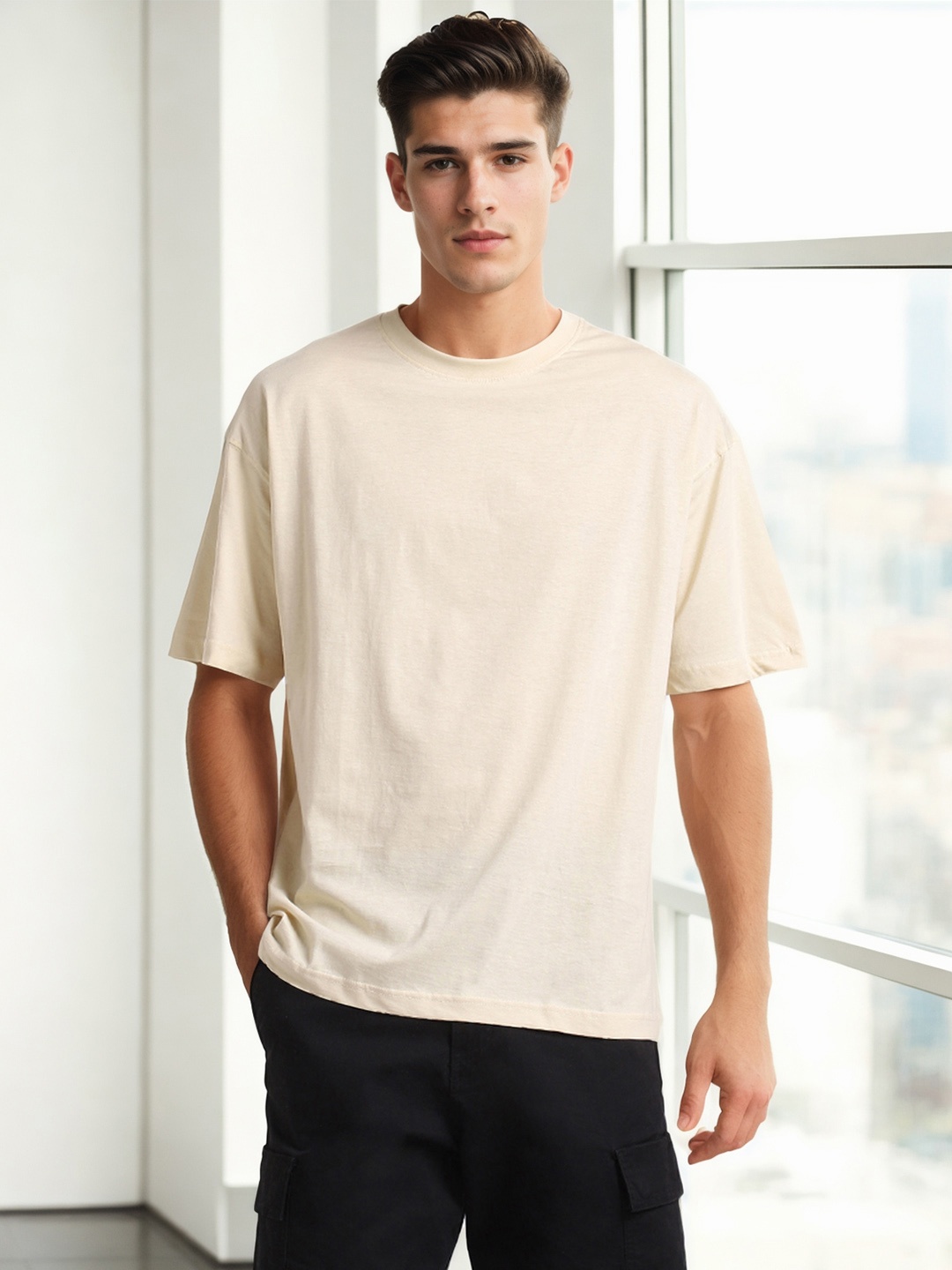

NOBERO Round Neck Short Sleeves Oversized Cotton T-shirt, Beige