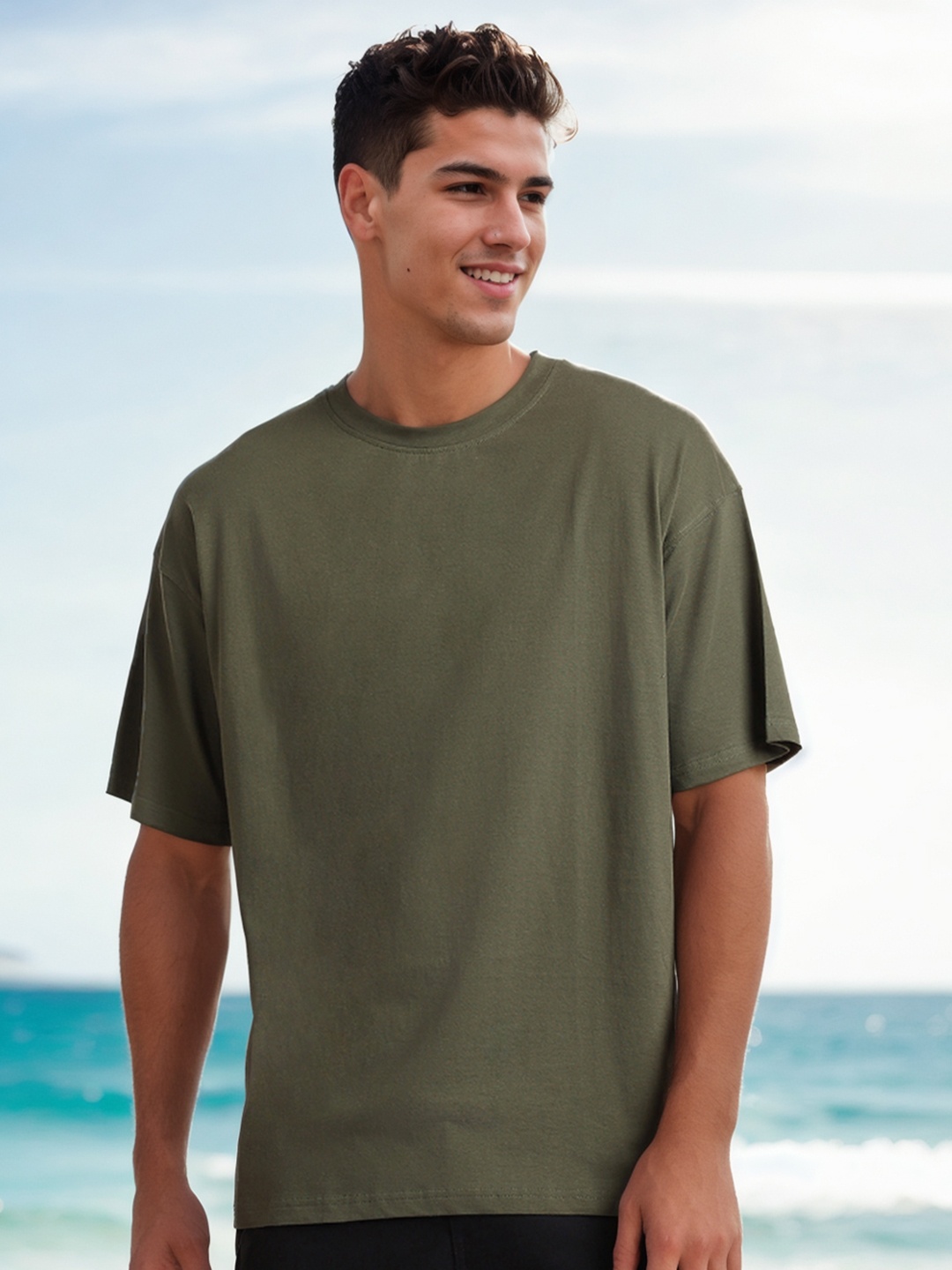 

NOBERO Round Neck Drop-Shoulder Sleeves Oversized Cotton T-shirt, Olive