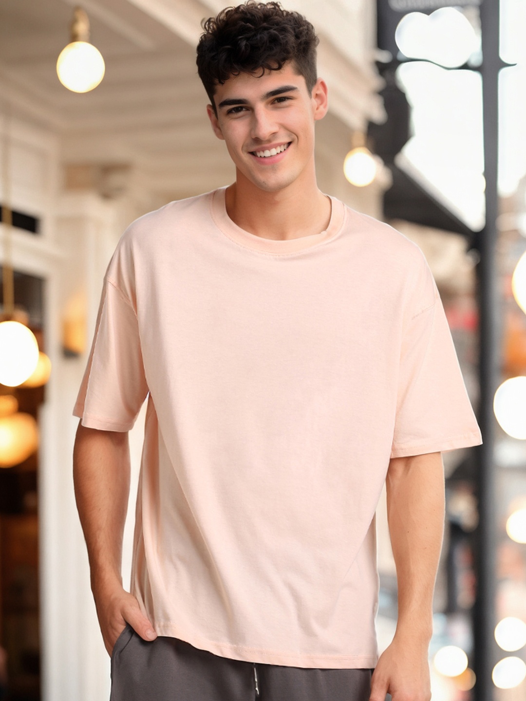

NOBERO Round Neck Short Sleeves Oversized Cotton T-shirt, Pink