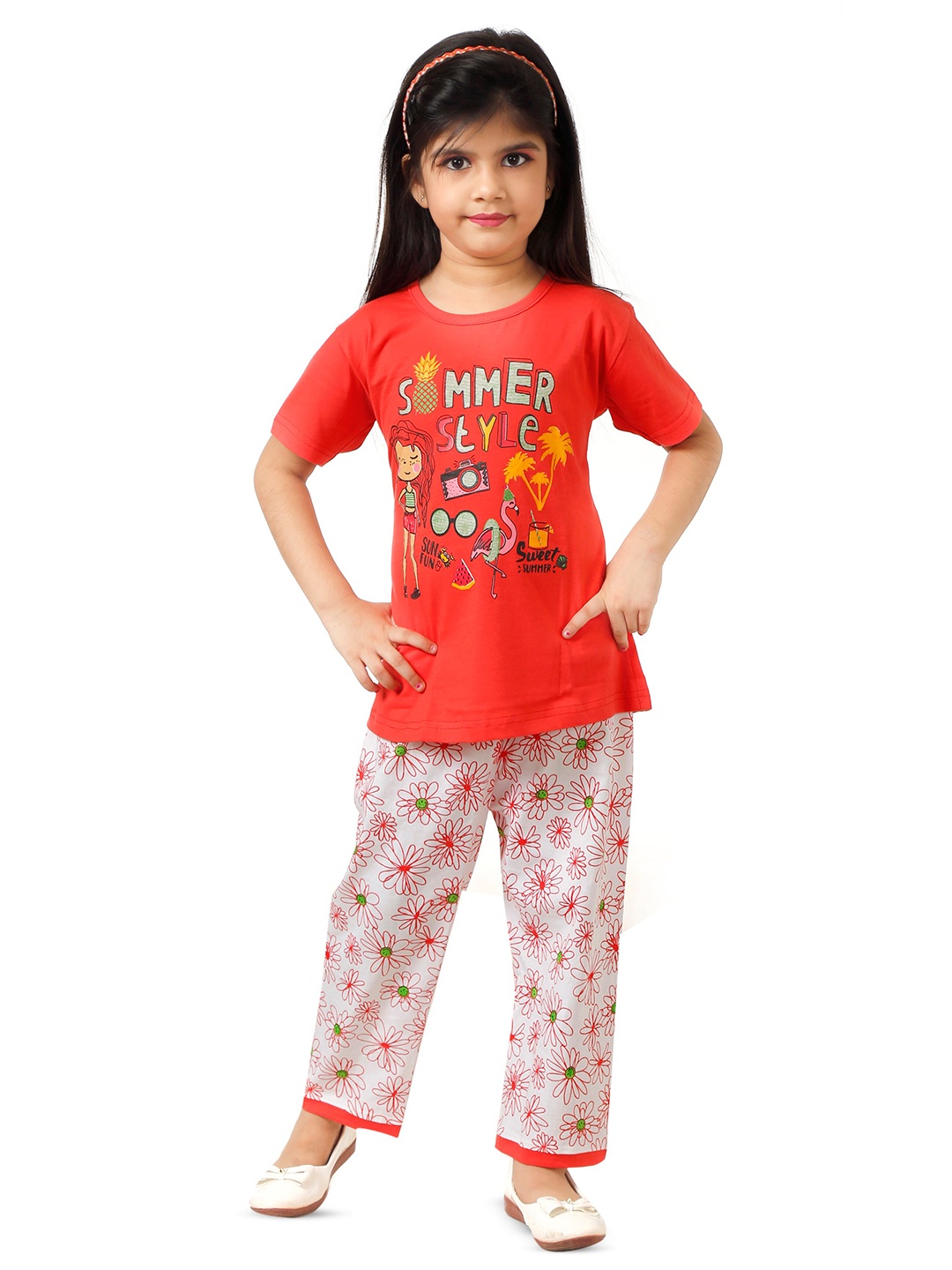 

BAESD Girls Printed Pure Cotton Night Suit, Red