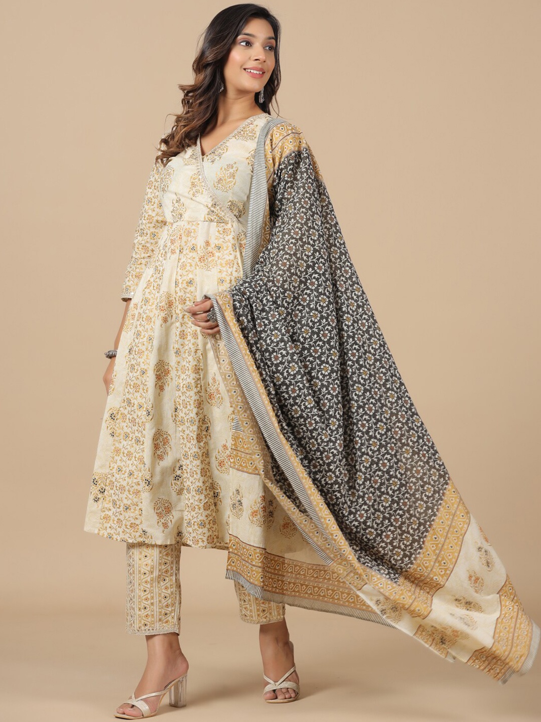 

SAVI Cotton Printed Embellished Kurta & Trousers Set With Dupatta, Beige