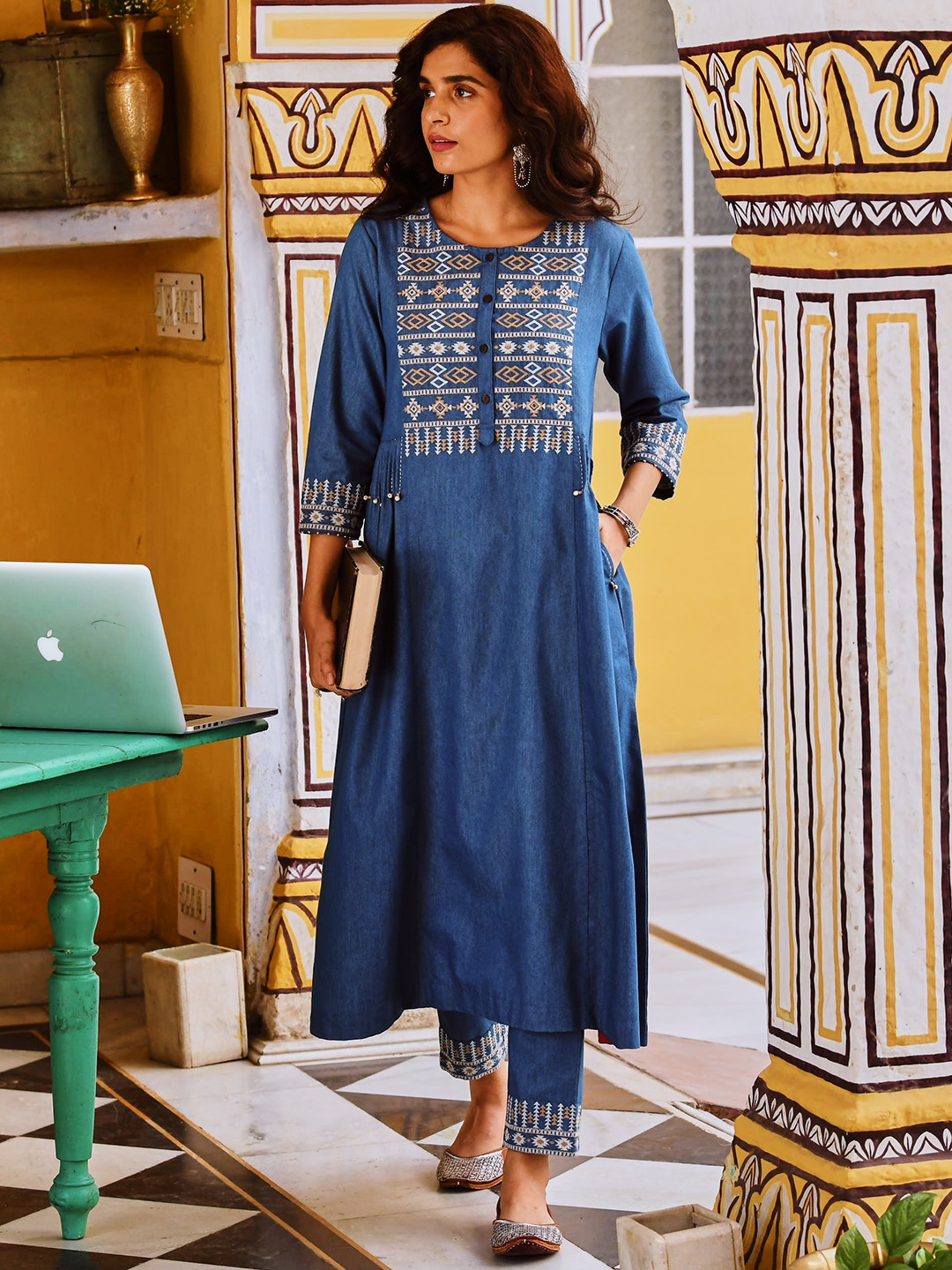 

SAVI Denim Embroidered A Line Detailed Kurta, Blue