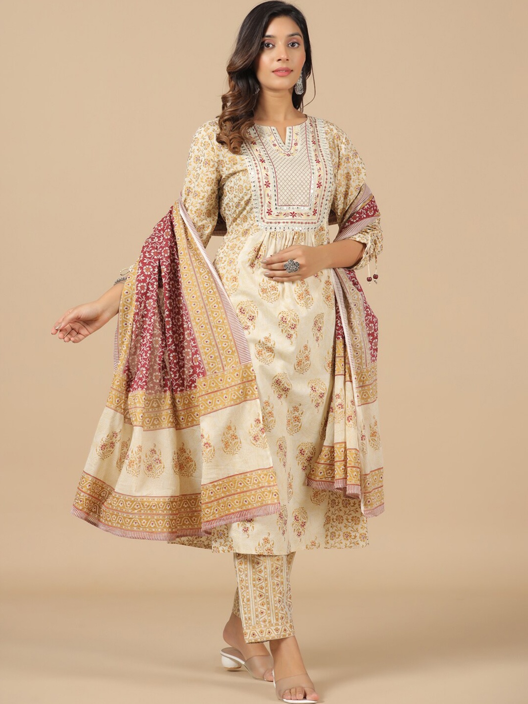 

SAVI Cotton Printed Embellished Kurta & Trousers Set With Dupatta, Beige