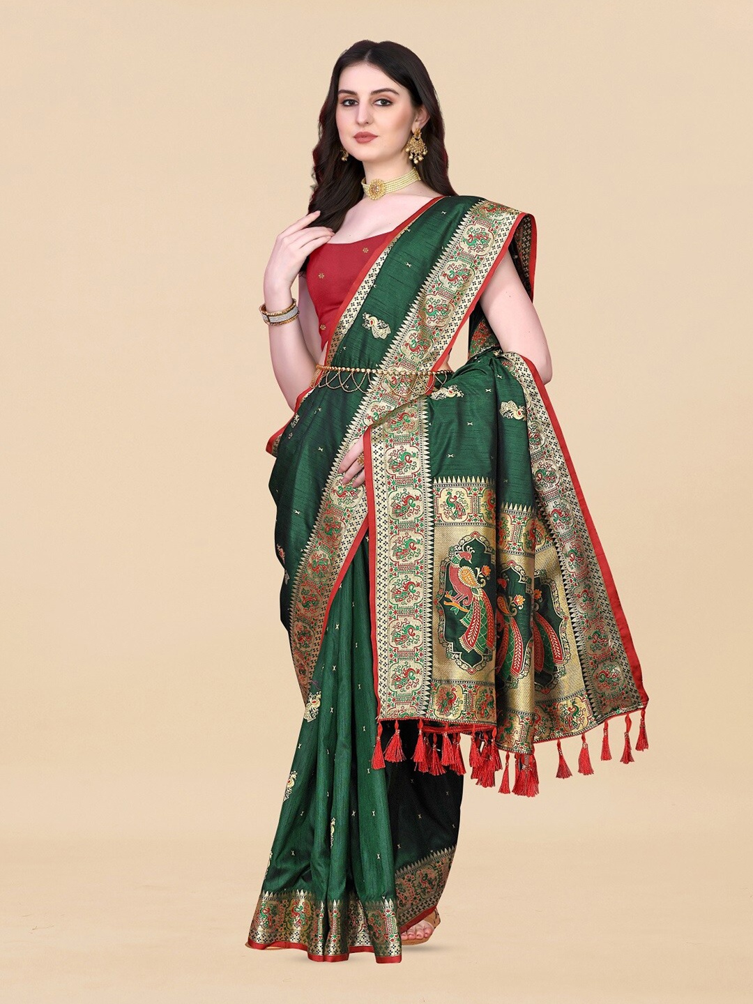 

bansari textiles Ethnic Motifs Zari Banarasi Saree, Green