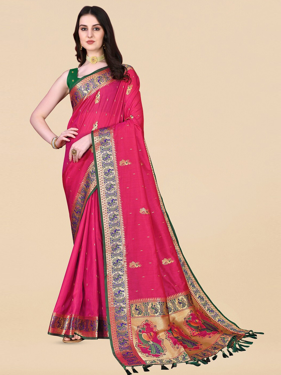 

bansari textiles Ethnic Motifs Zari Banarasi Saree, Pink