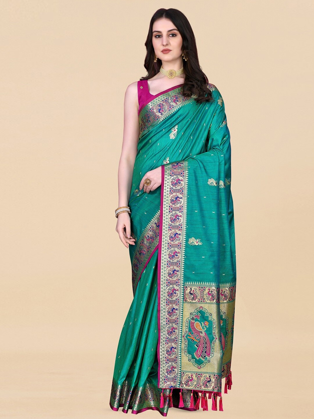 

bansari textiles Ethnic Motifs Zari Banarasi Saree, Sea green