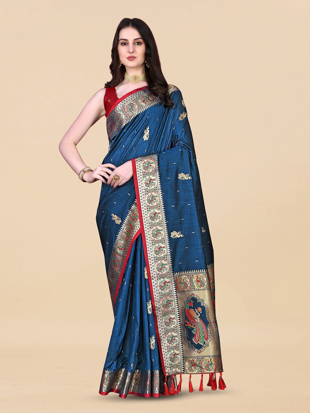 

bansari textiles Ethnic Motifs Zari Banarasi Saree, Navy blue