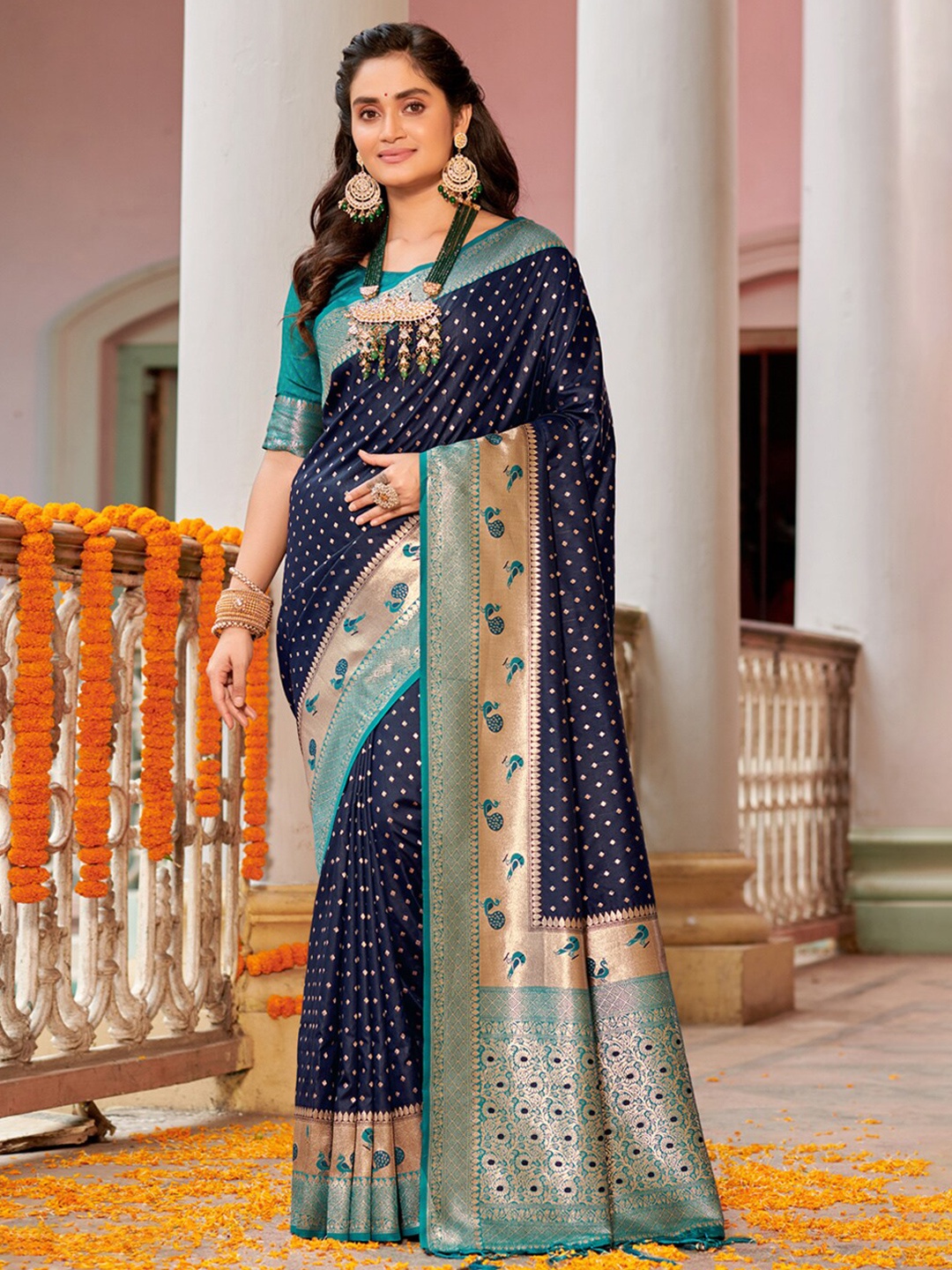 

Riwazo Ethnic Motifs Woven Design Banarasi Saree, Blue