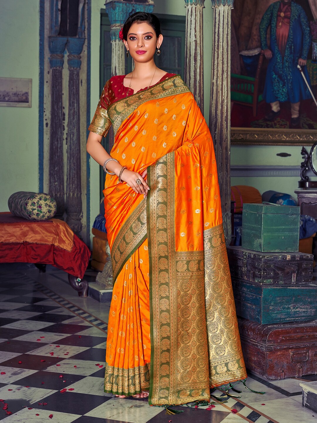 

Riwazo Ethnic Motifs Woven Design Zari Banarasi Saree, Mustard