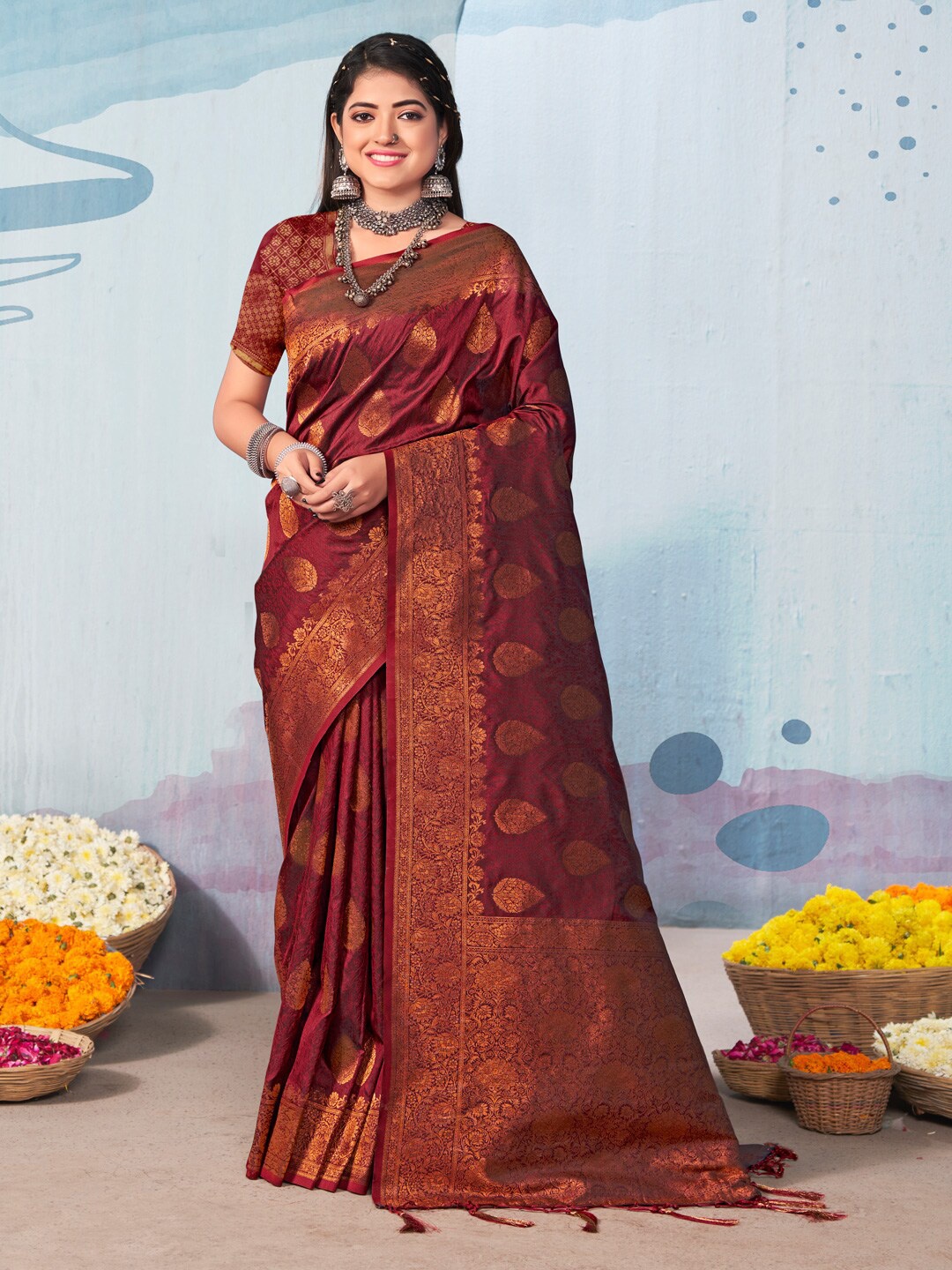 

Riwazo Ethnic Motifs Woven Design Banarasi Saree, Brown