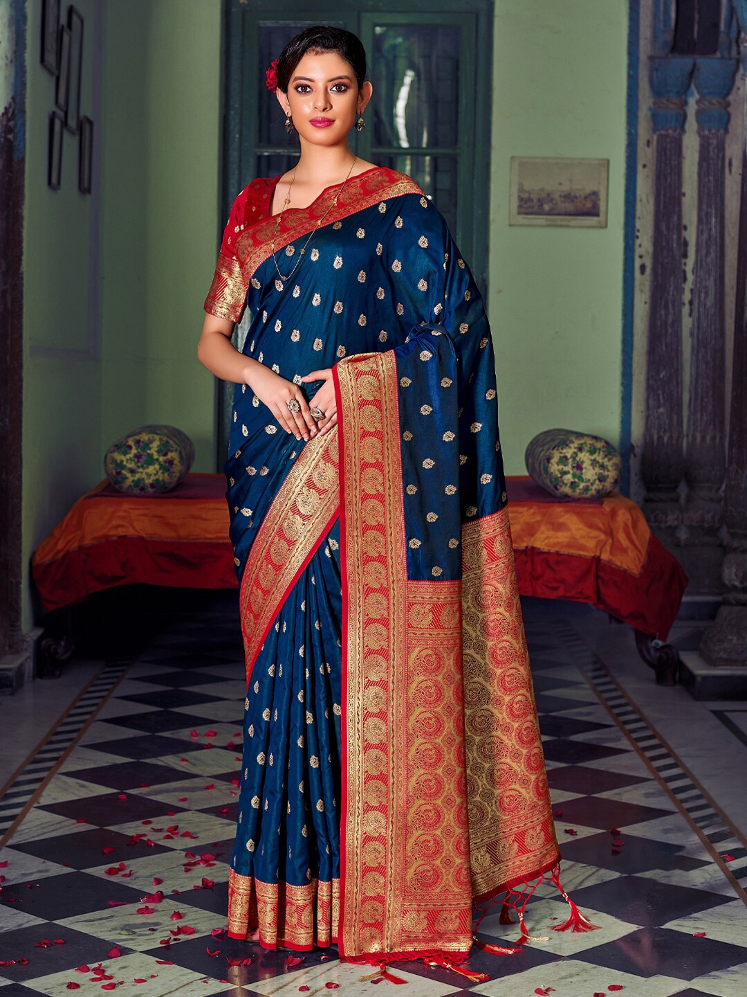 

Riwazo Silk Blend Banarasi Saree, Navy blue