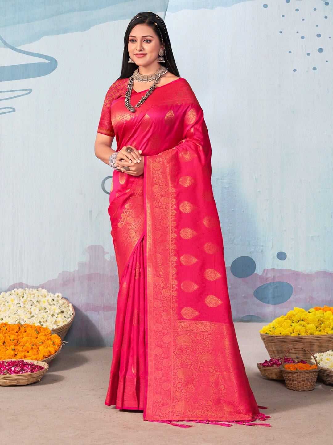 

Riwazo Ethnic Motifs Woven Design Zari Banarasi Saree, Pink
