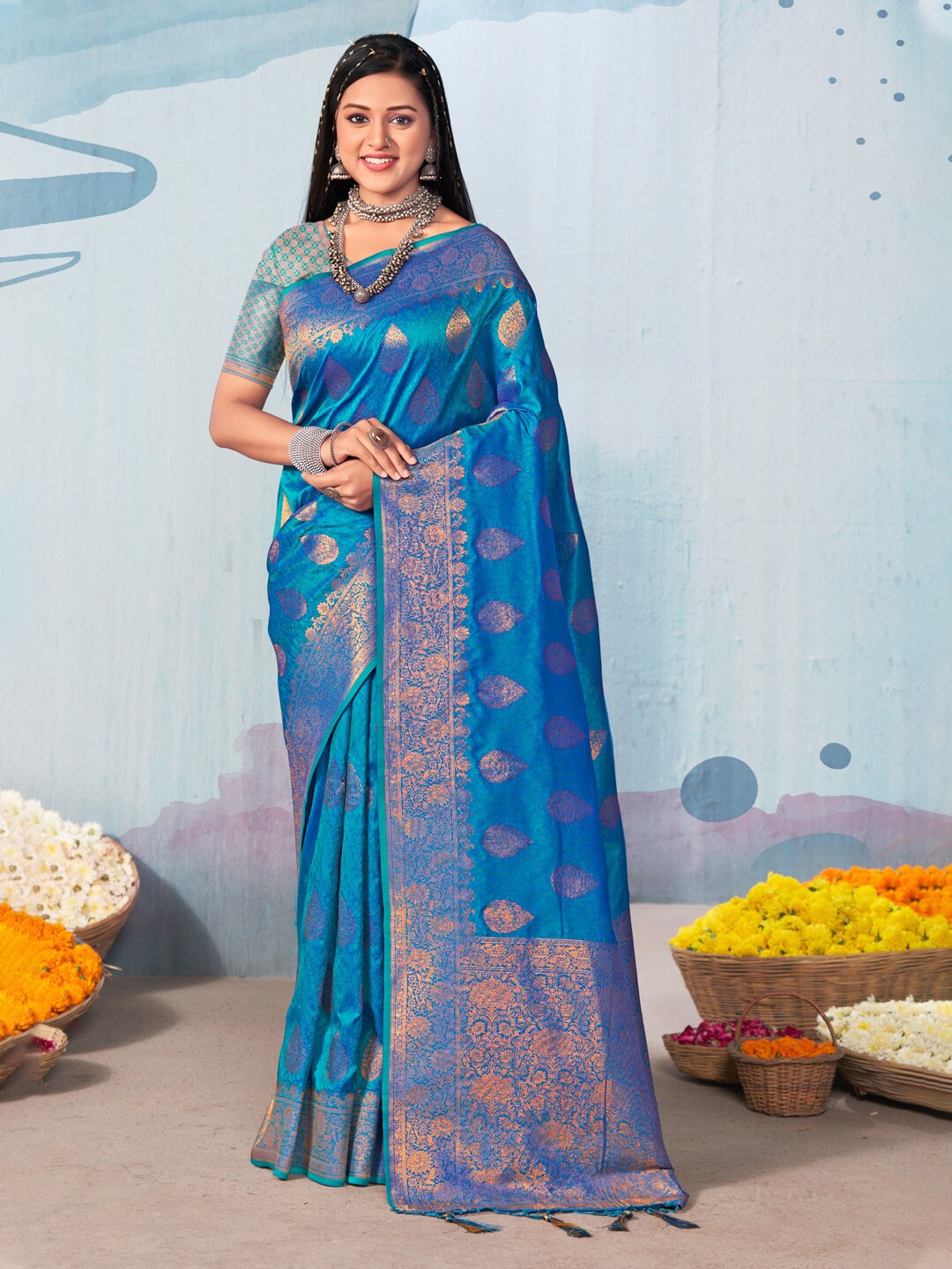 

Riwazo Ethnic Motifs Woven Design Banarasi Saree, Blue