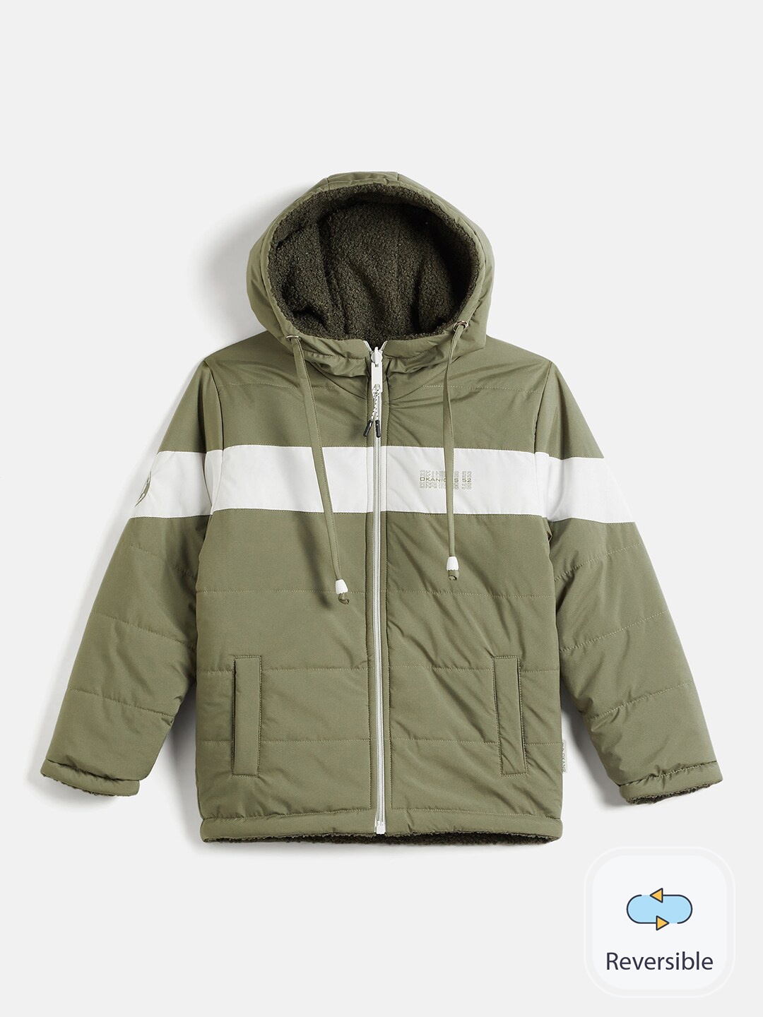 

Okane Boys Striped Hooded Faux Fur Trim Reversible Padded Jacket, Olive
