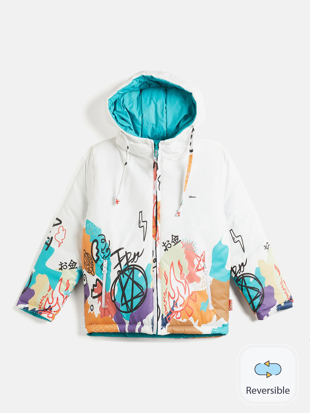 

Okane Boys Graphic Printed Hooded Reversible Puffer Jacket, White