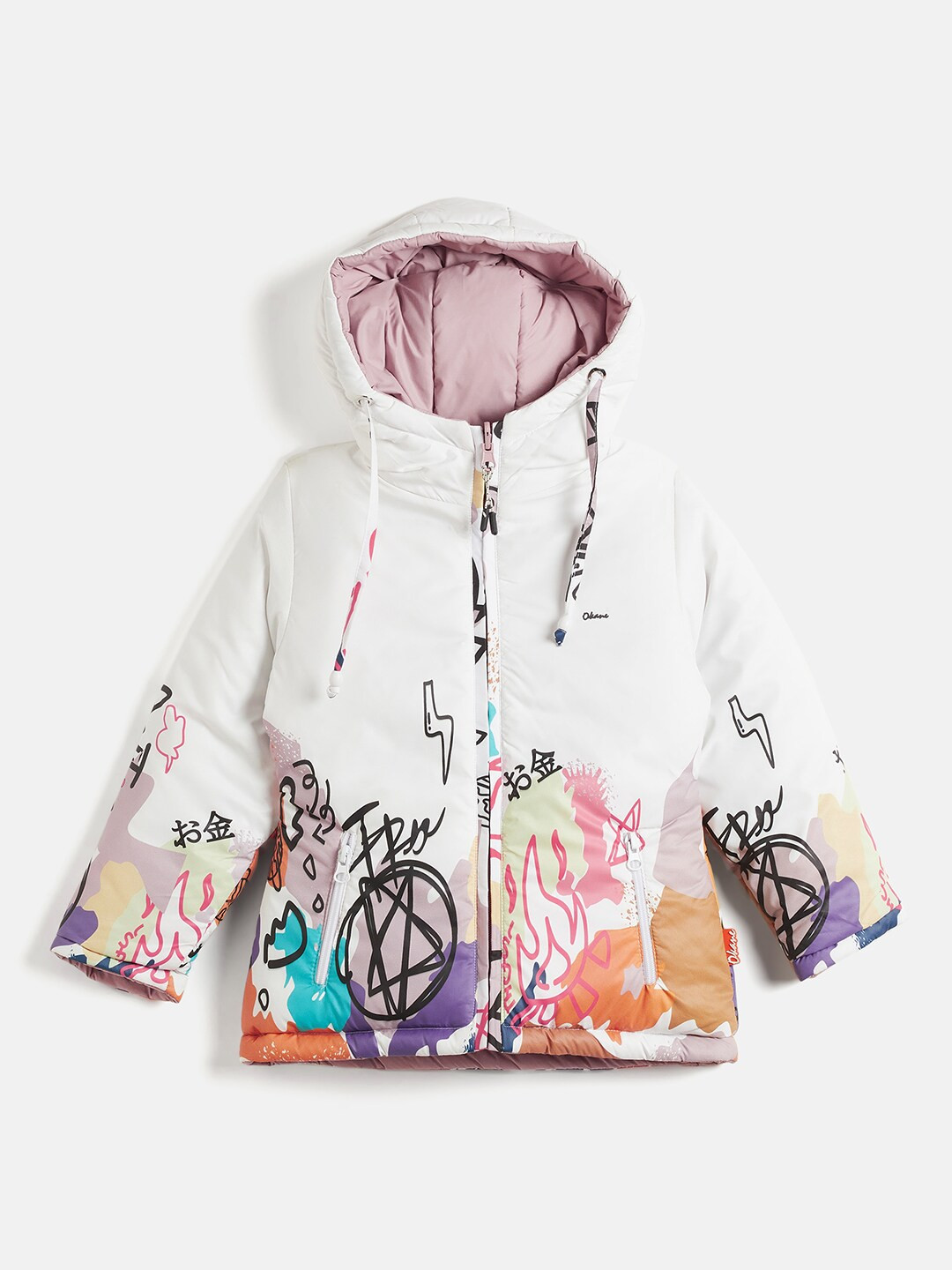 

Okane Girls Abstract Printed Hooded Reversible Bomber Jacket, White