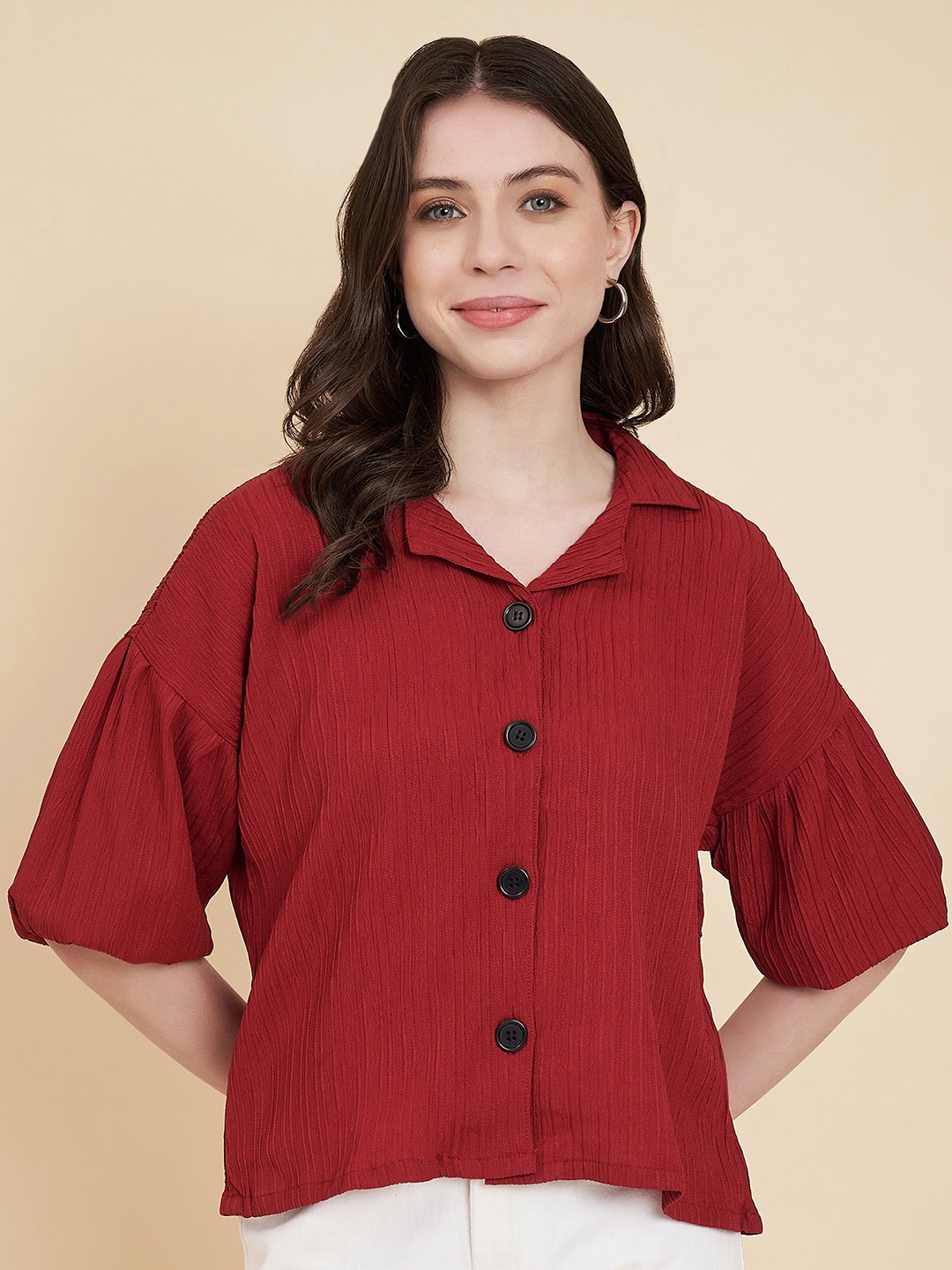 

VAIRAGEE Vertical Stripes Spread Collar Puff Sleeves Classic Boxy Casual Shirt, Red