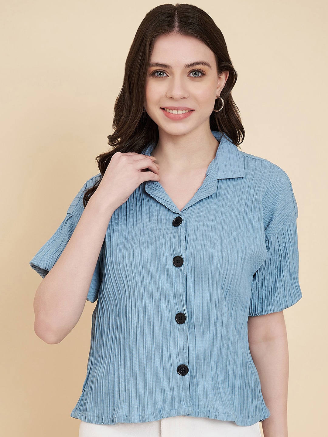 

VAIRAGEE Vertical Stripes Spread Collar Boxy Fit Casual Shirt, Blue