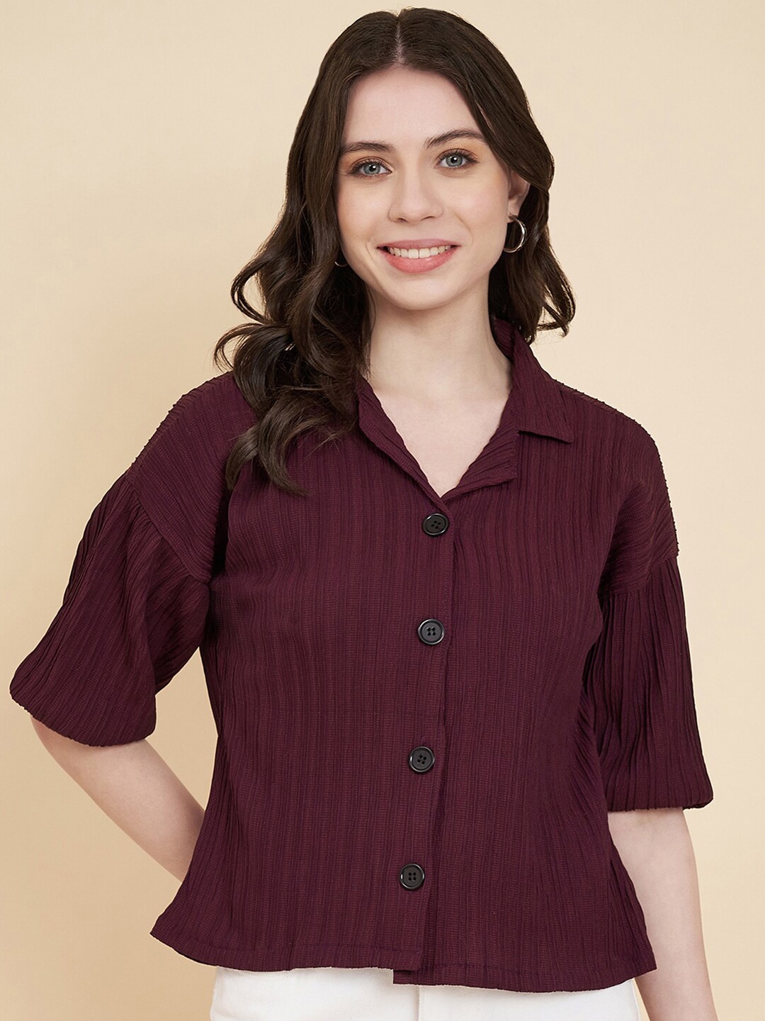 

VAIRAGEE Vertical Stripes Spread Collar Boxy Fit Casual Shirt, Magenta