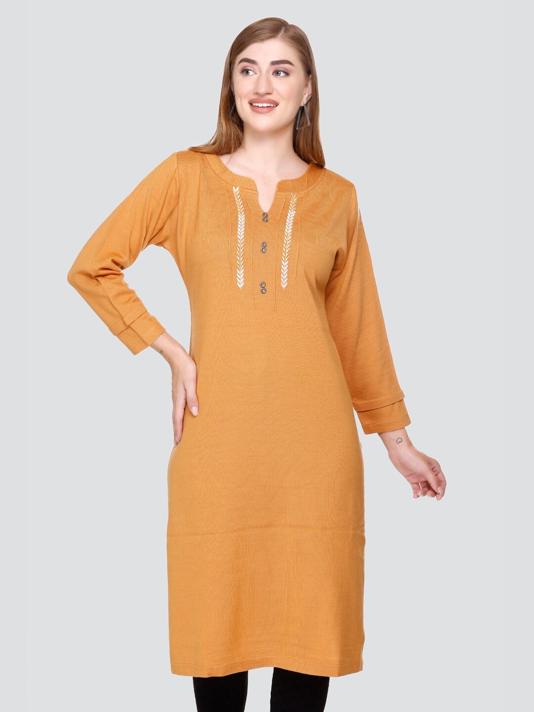 

Elthia Notched Round Neck Woolen Straight Kurta, Yellow