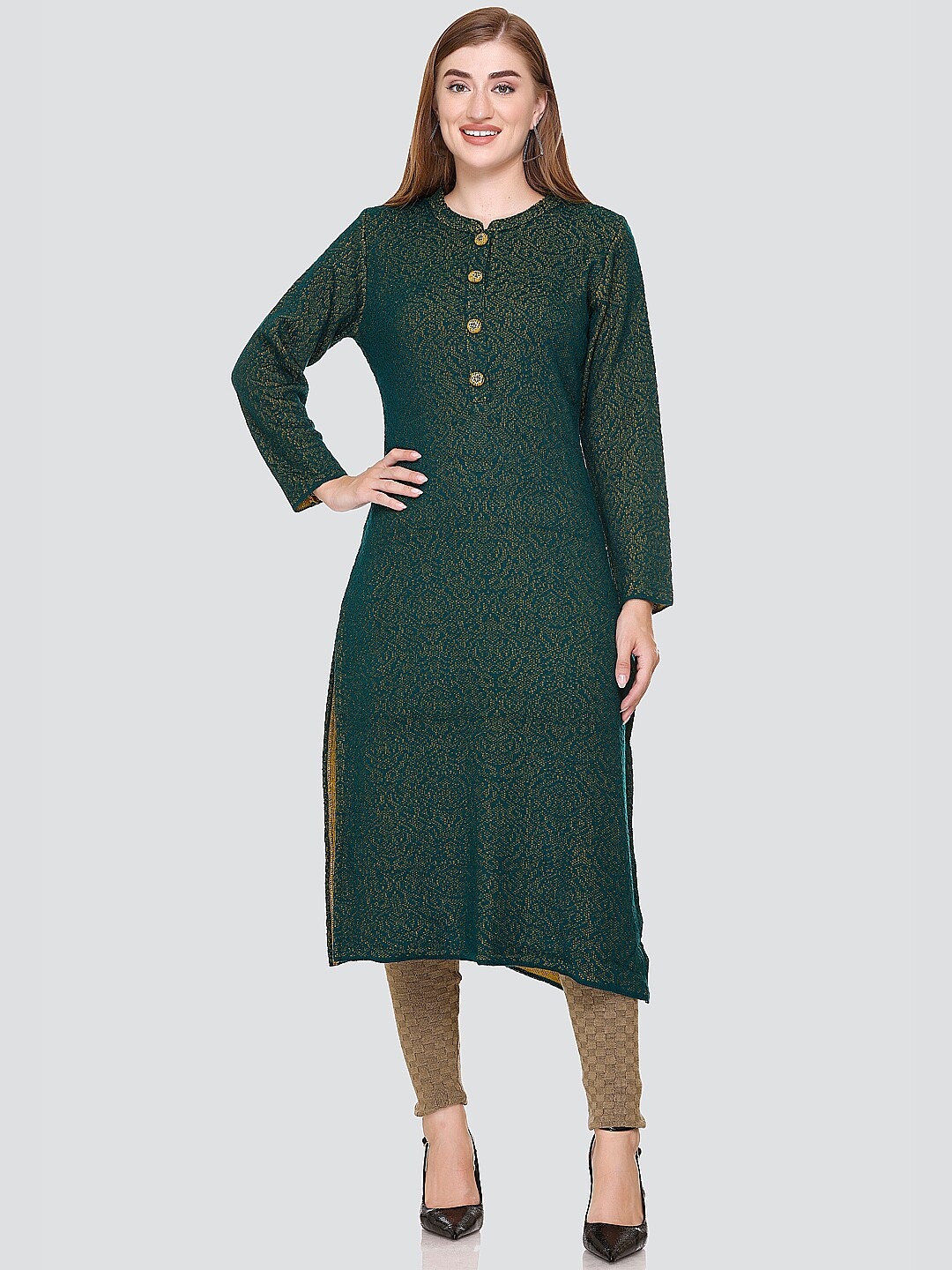 

Elthia Woven Design Mandarin Collar Woolen Straight Kurta, Green