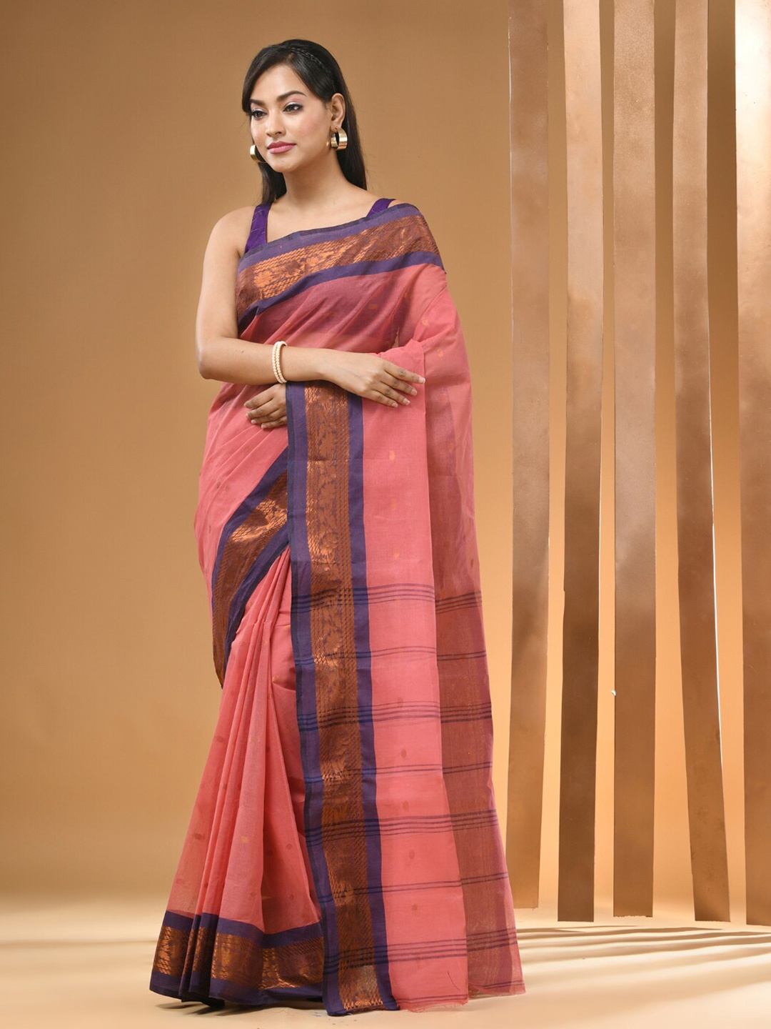

Arhi Striped Woven Design Zari Pure Cotton Taant Saree, Pink