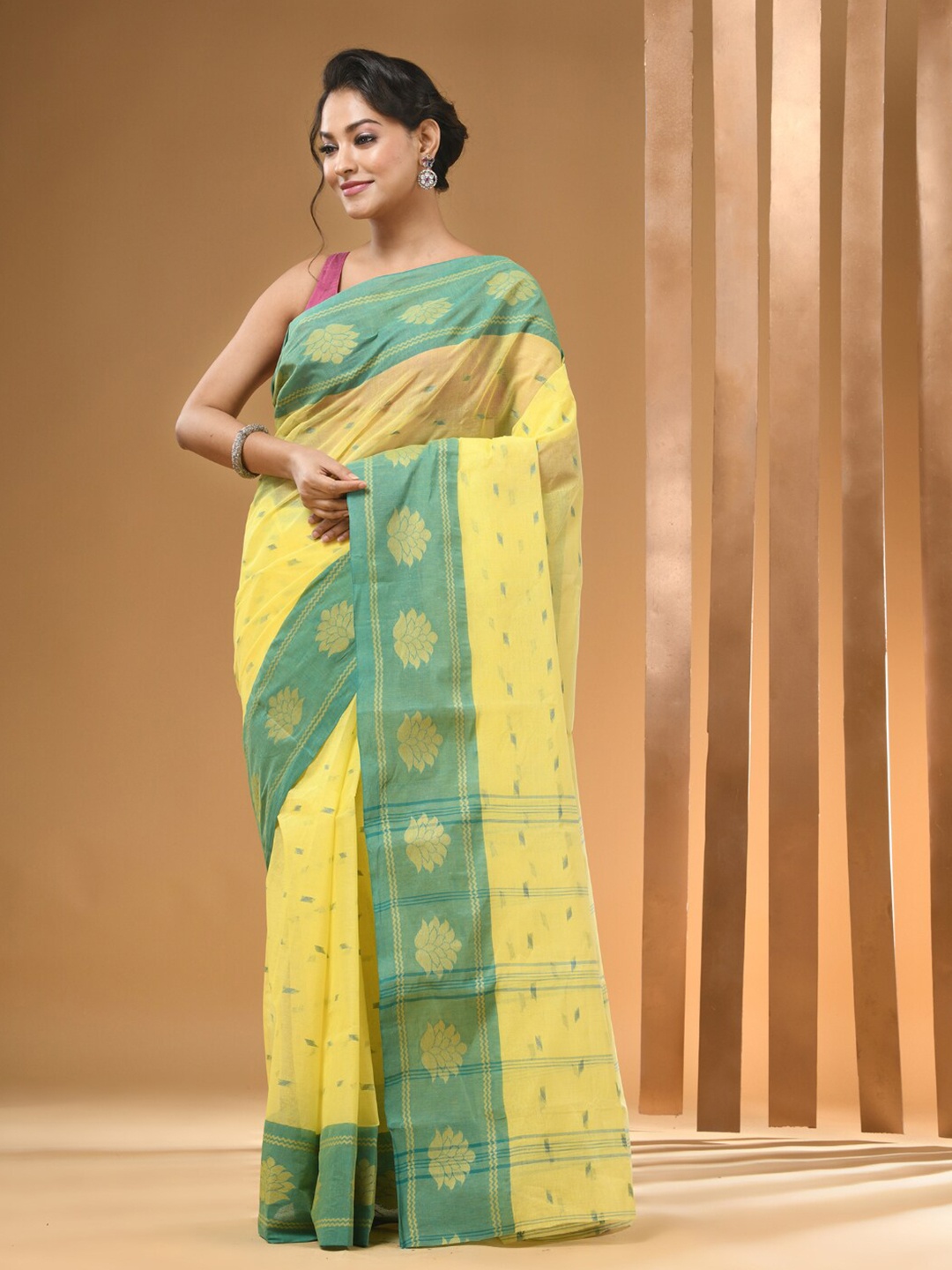 

Arhi Ethnic Woven Design Pure Cotton Taant Saree, Yellow