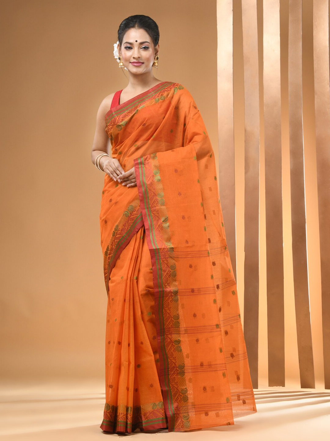 

Arhi Ethnic Woven Design Pure Cotton Taant Saree, Orange