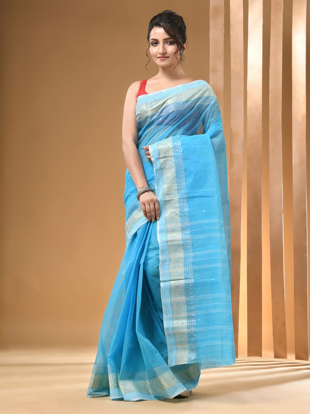 

Arhi Woven Design Zari Pure Cotton Taant Saree, Blue
