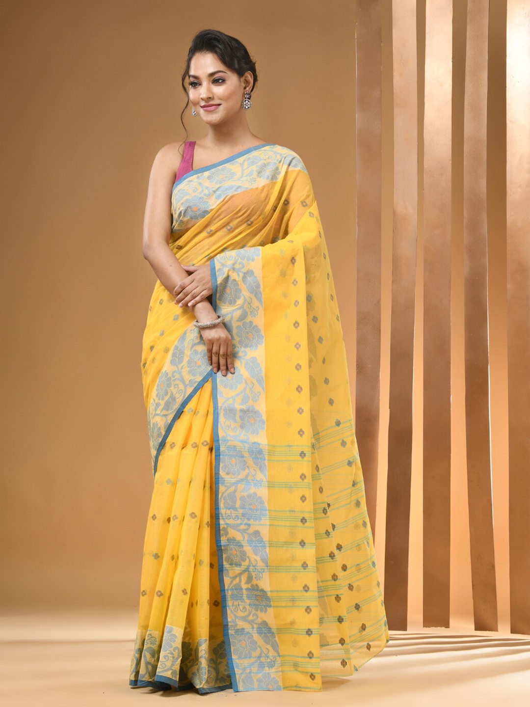 

Arhi Floral Woven Design Pure Cotton Tant Saree, Yellow