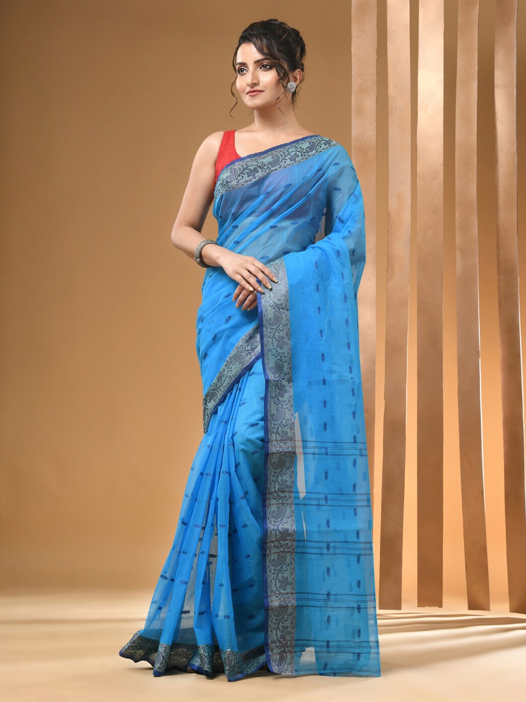 

Arhi Ethnic Motifs Woven Design Pure Cotton Taant Saree, Blue