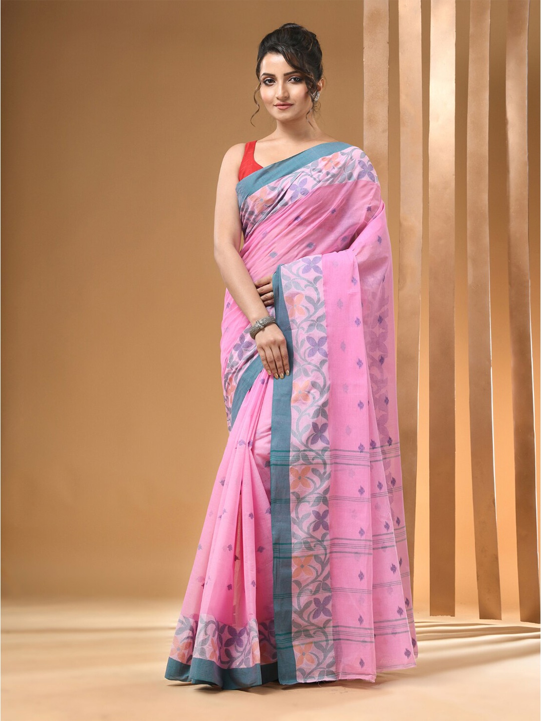 

Arhi Ethnic Motifs Woven Design Pure Cotton Taant Saree, Pink