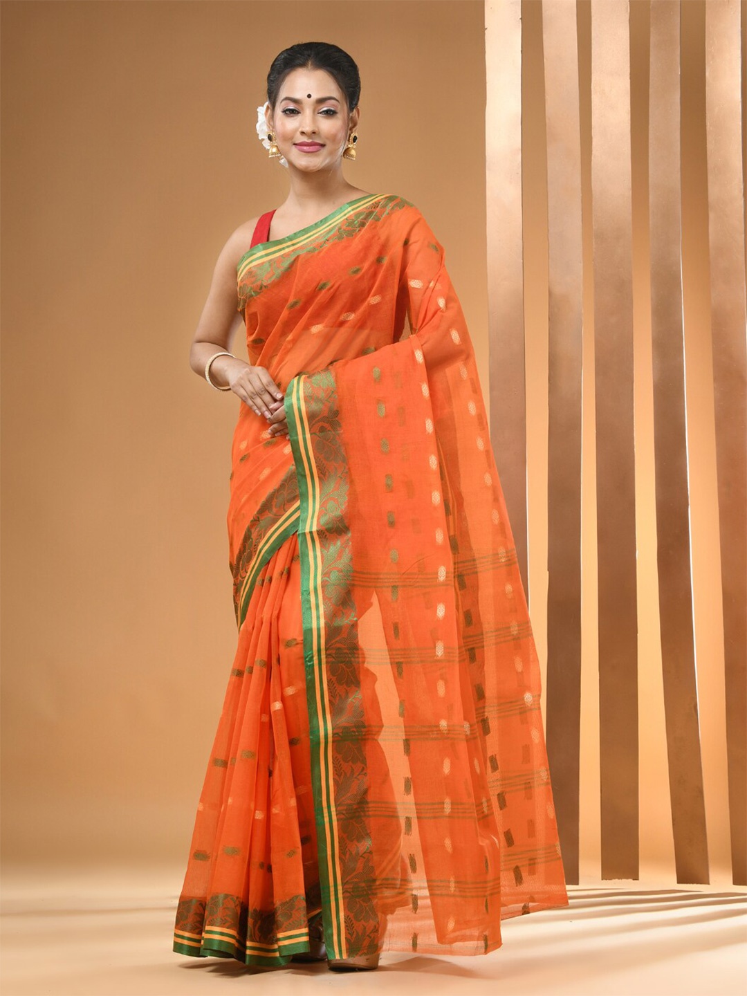 

Arhi Ethnic Woven Design Pure Cotton Taant Saree, Orange