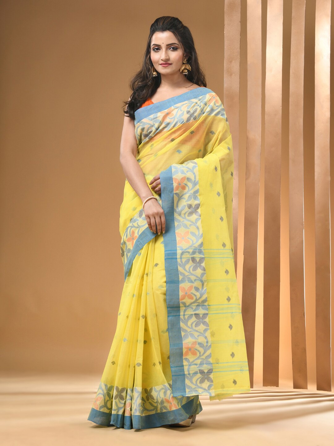

Arhi Ethnic Motifs Woven Design Pure Cotton Taant Saree, Yellow
